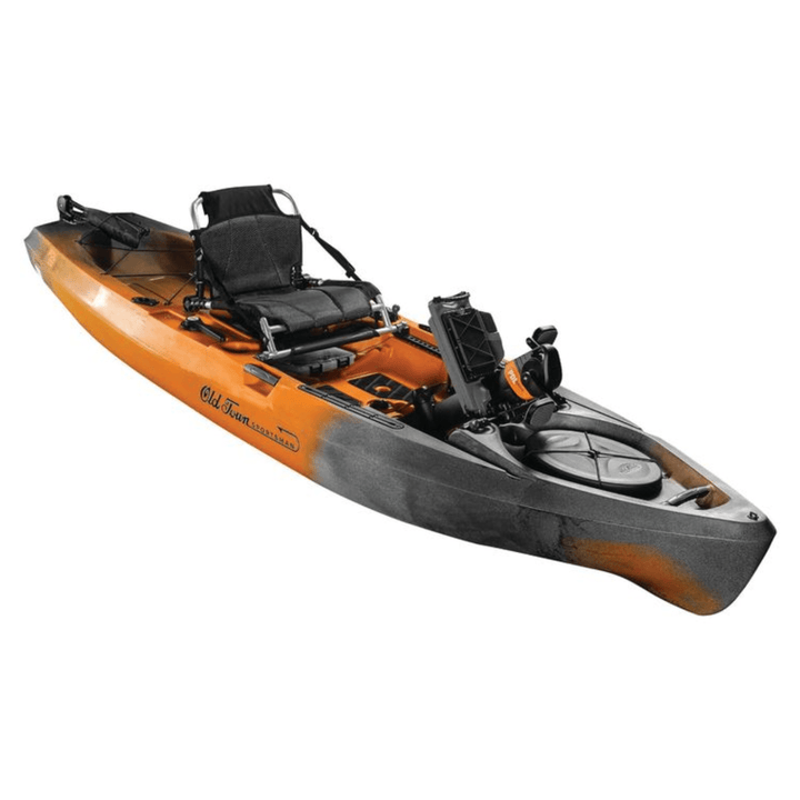 Meyer Old Town Sportsman PDL 120 pedal fishing kayak, 12 ft Ember Camo sit-on-top with paddle, designed for outdoor fishing.