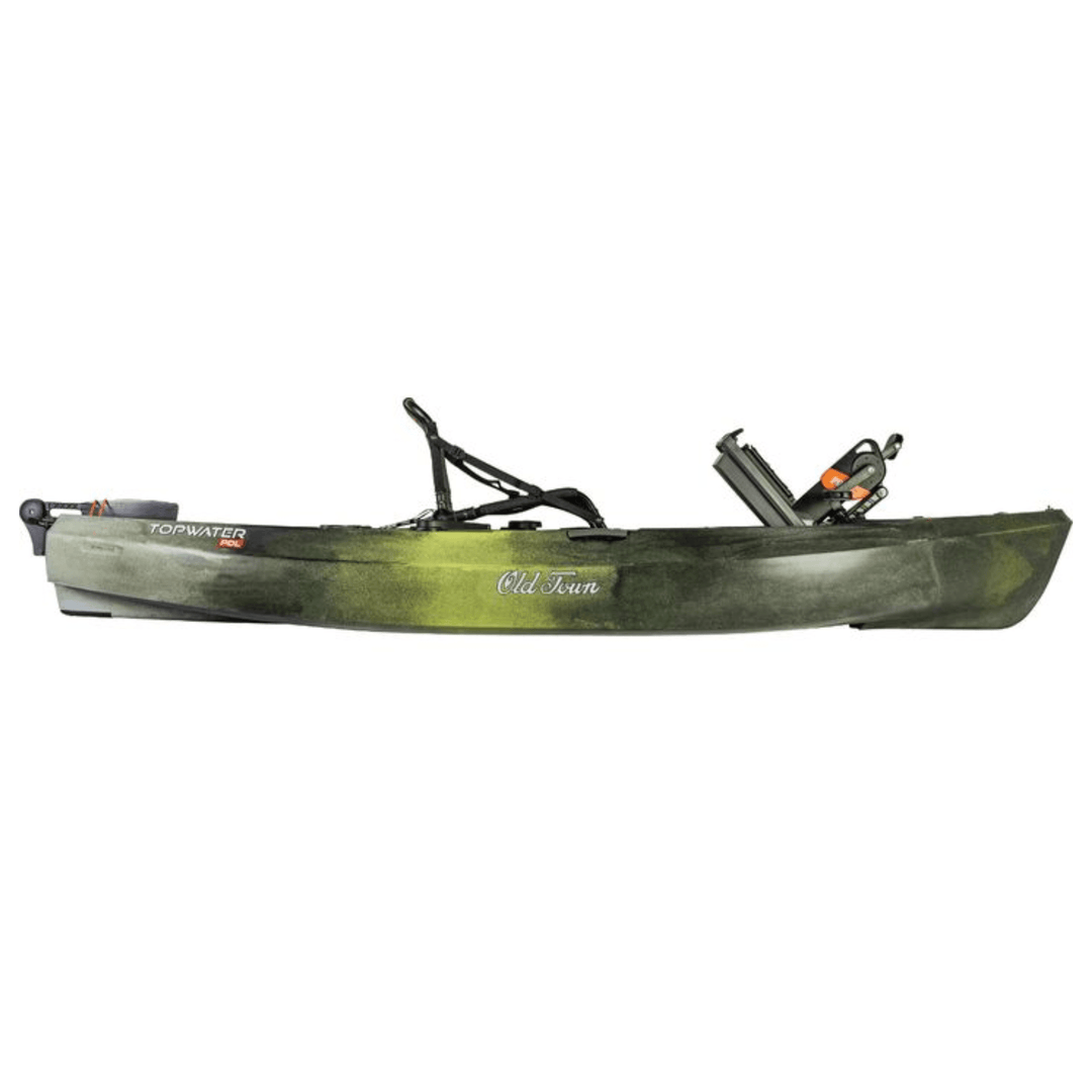 Meyer Old Town Topwater 106 PDL sit-on-top fishing kayak with pedal drive, 10 ft 6 in, in First Light color, for recreational fishing.
