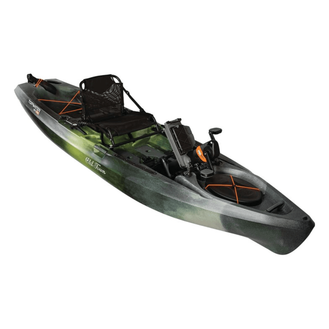 Old Town Topwater 12 ft PDL pedal kayak by Meyer, sit-on-top fishing kayak with First Light design, suitable for recreation and paddling.