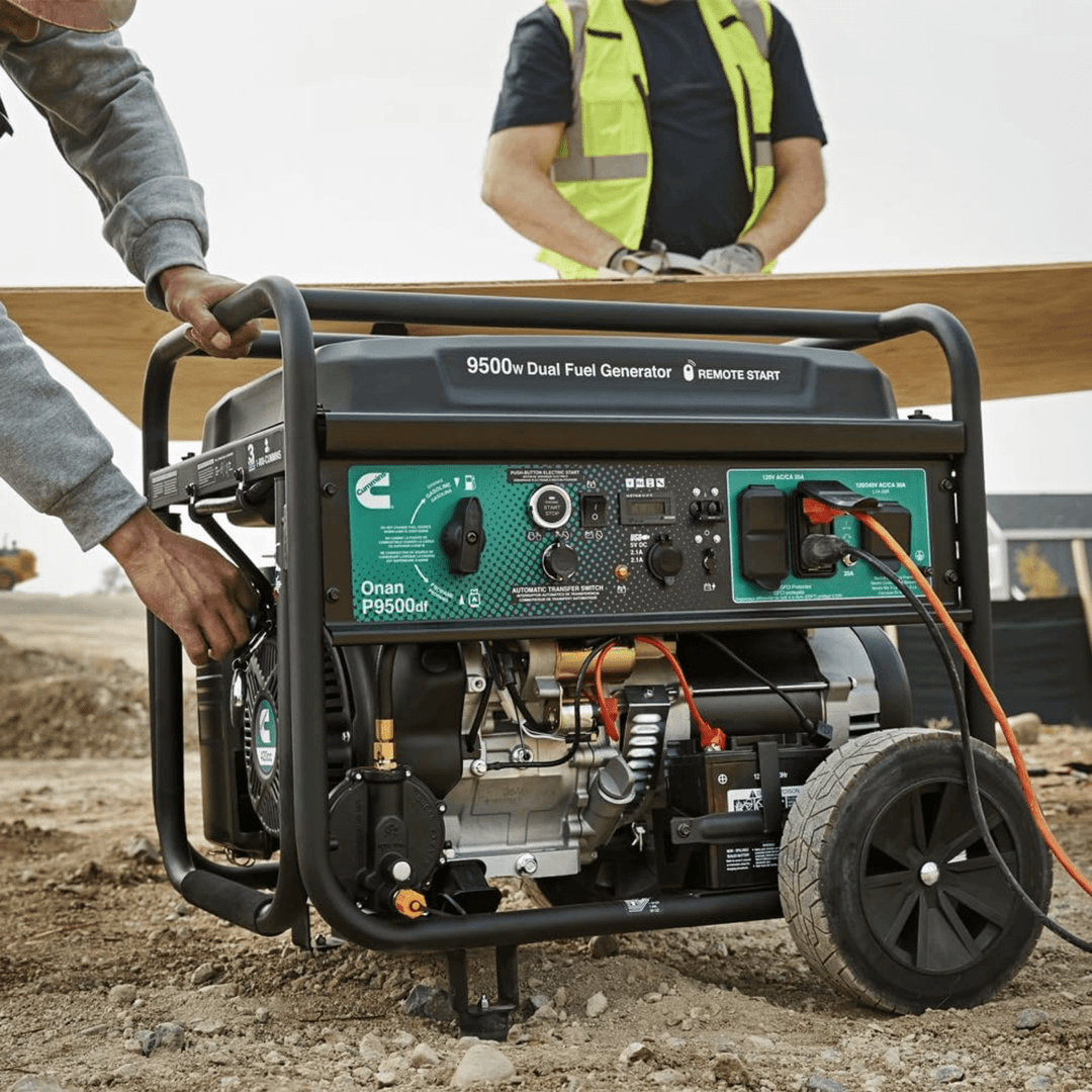 Meyer Cummins Onan 9500 Watt 49S dual fuel portable generator with remote start, showcasing its compact design and control panel.