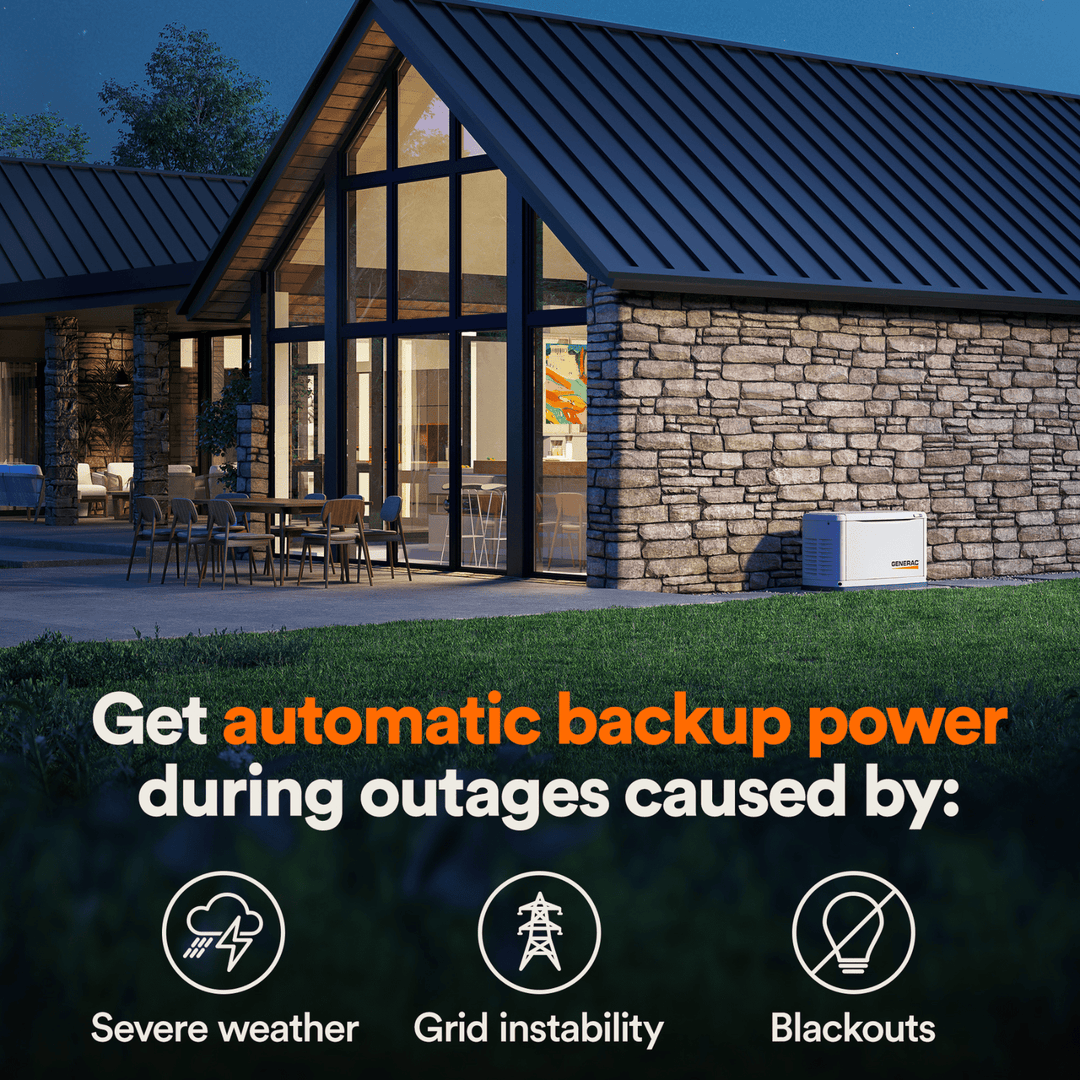 Meyer Generac Guardian 26kW standby generator with 200A transfer switch for LP and NG, installed outdoors in a residential setting.