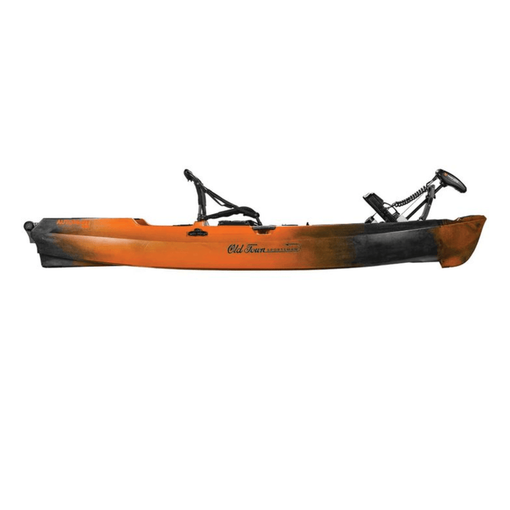 Meyer Old Town Sportsman AutoPilot 12 ft motorized sit-on-top Ember kayak on water with paddles and gear inside