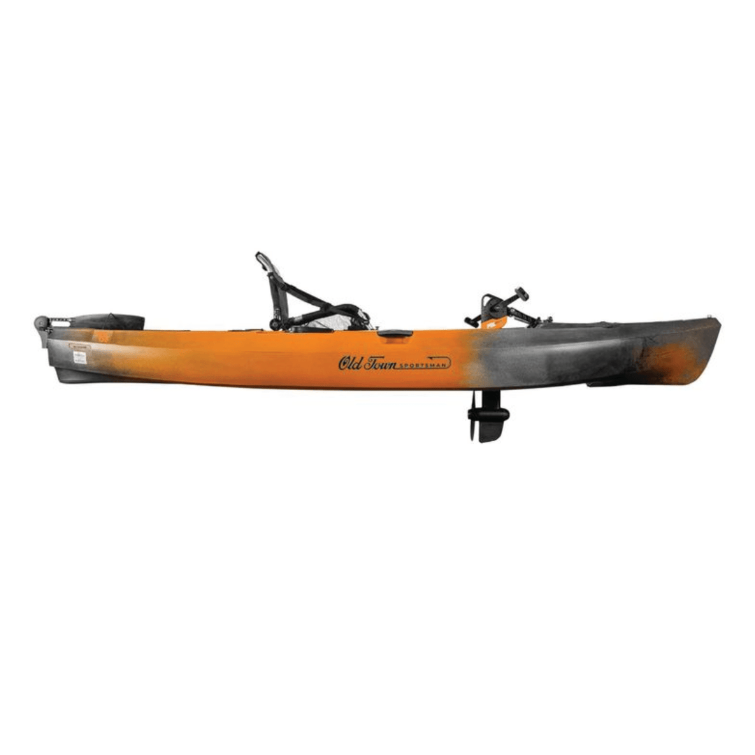 Meyer Old Town Sportsman PDL 120 pedal fishing kayak in ember camo, 12 ft sit-on-top design, suitable for freshwater fishing.