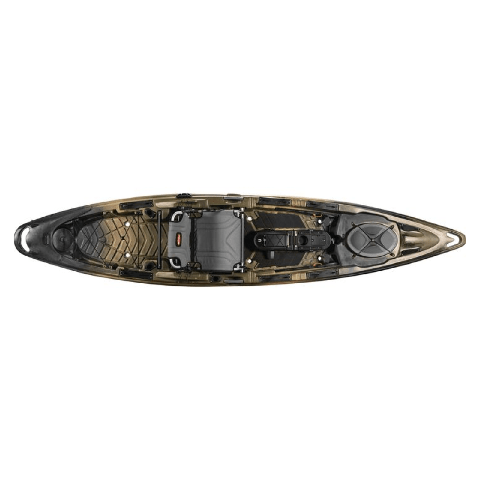 Meyer Old Town Sportsman BigWater 13 ft 2 in paddle kayak in marsh camouflage, showing the kayak's sleek, camouflage design on water.