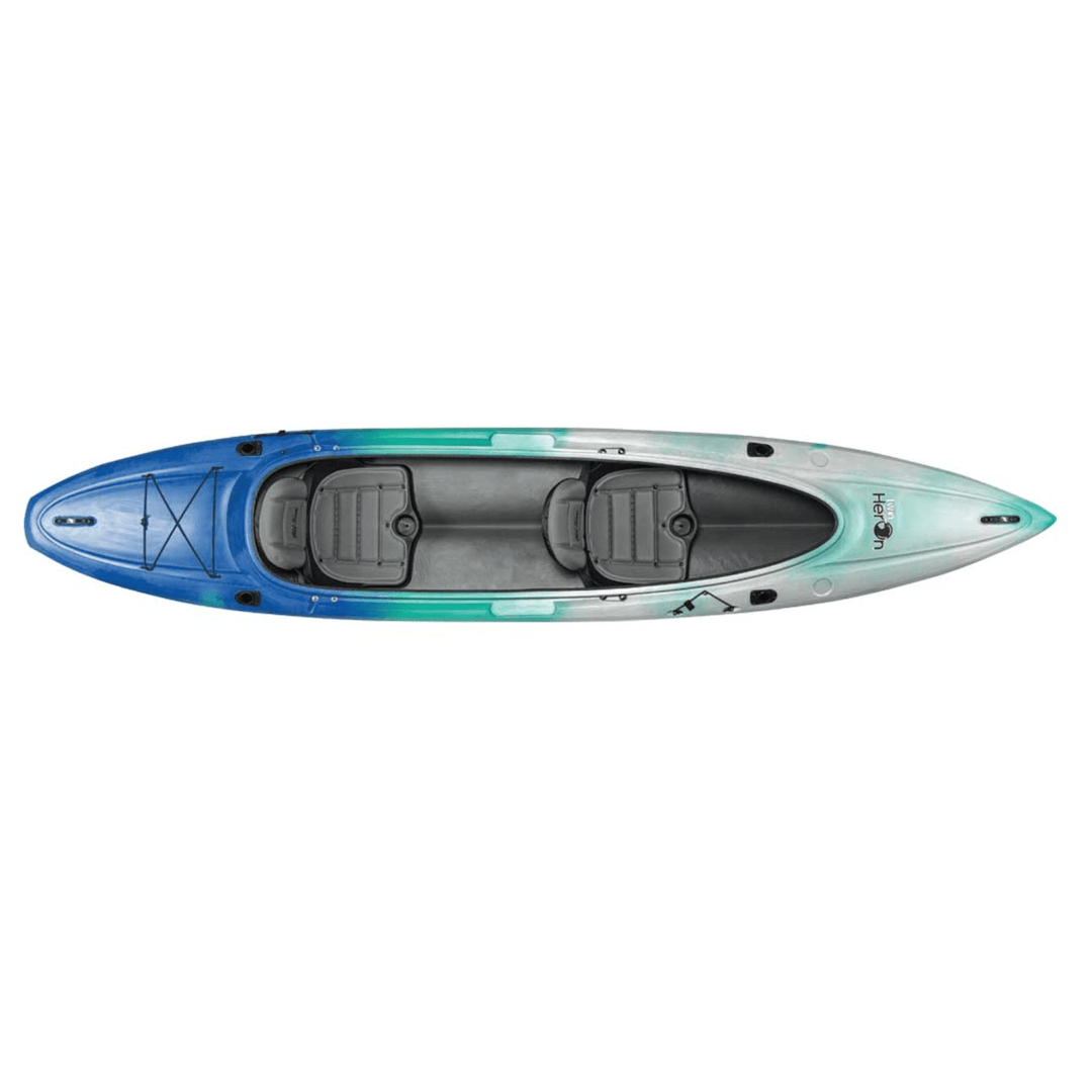 Meyer Old Town Twin Heron recreational tandem sit-inside kayak, 13 ft 6 in, with paddles and seating arrangement visible inside.