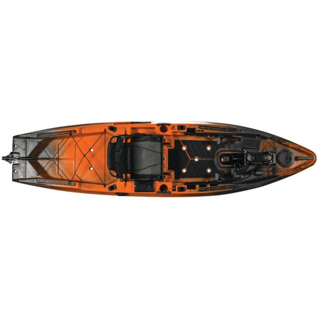 Meyer Old Town Sportsman AutoPilot 12 ft motorized sit-on-top Ember kayak floating on water with paddle and gear