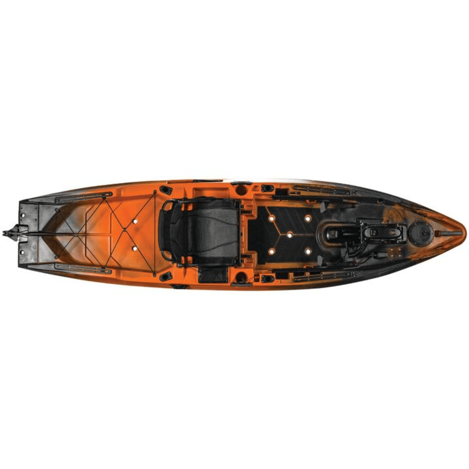 Meyer Old Town Sportsman AutoPilot 12 ft motorized sit-on-top Ember kayak floating on water with paddle and gear