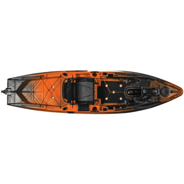 Meyer Old Town Sportsman AutoPilot 12 ft motorized sit-on-top Ember kayak floating on water with paddle and gear