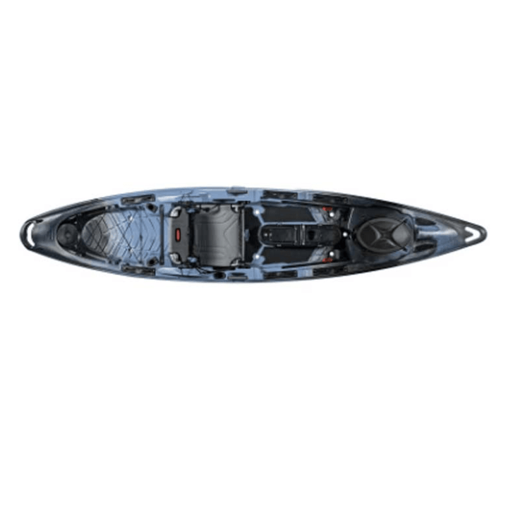 Meyer Old Town Sportsman BigWater 132 steel camo sit-on-top kayak, 11 ft recreational paddle kayak on water.