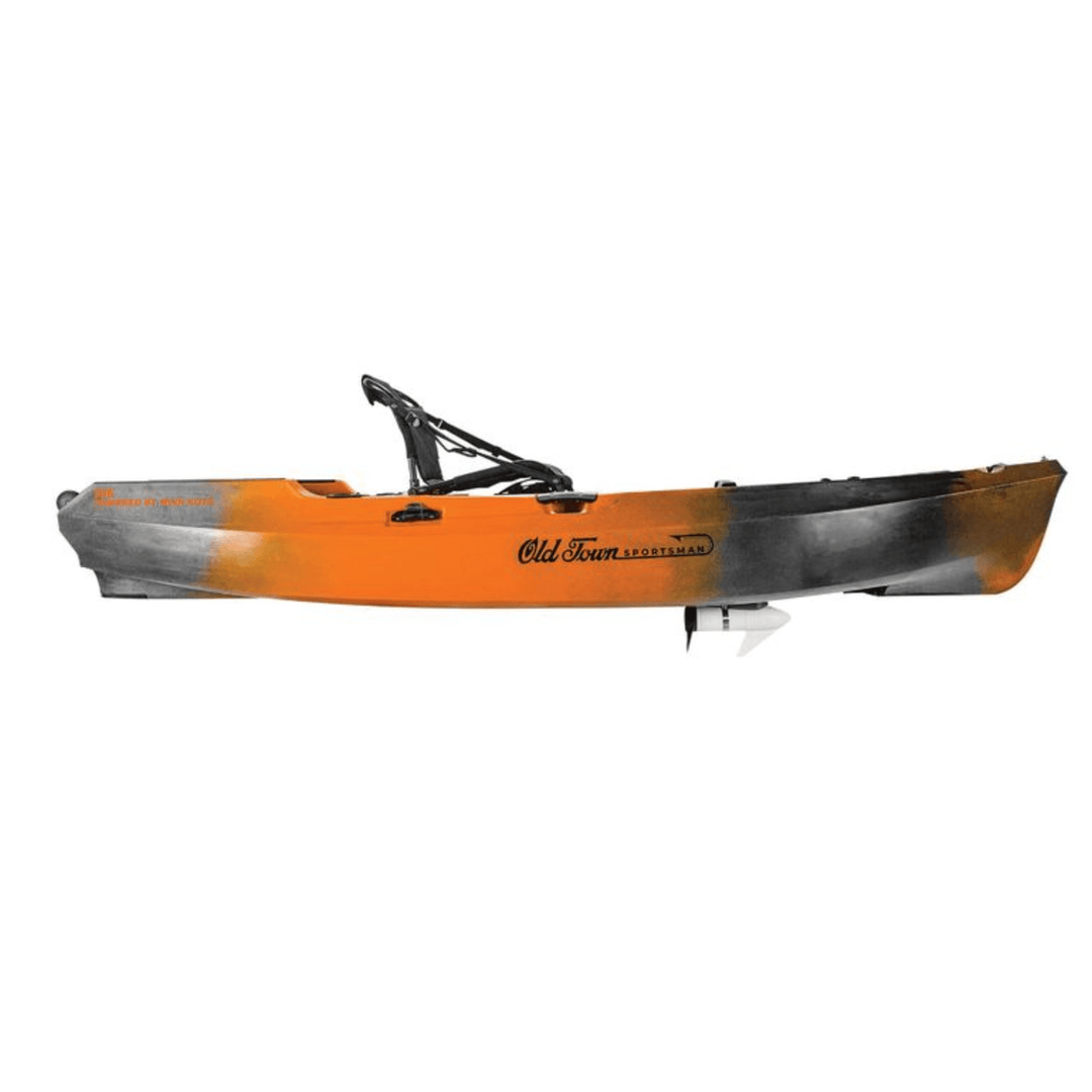 Meyer Old Town Sportsman 10 ft 6 in motorized kayak in ember camo, sit-on-top design, suitable for fishing adventures.