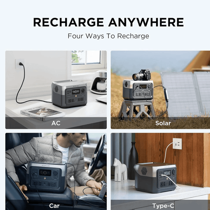 EcoFlow RIVER 2 Max portable power station with handles, digital display, and multiple power outlets for outdoor camping use.
