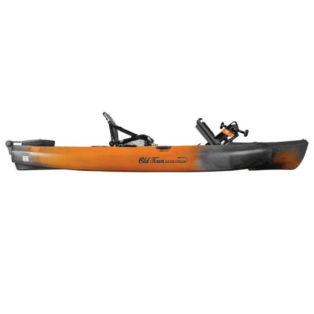 Meyer Old Town Sportsman PDL 120 pedal fishing kayak in Ember Camo, 12 ft sit-on-top BigWater 132 paddle kayak on calm water