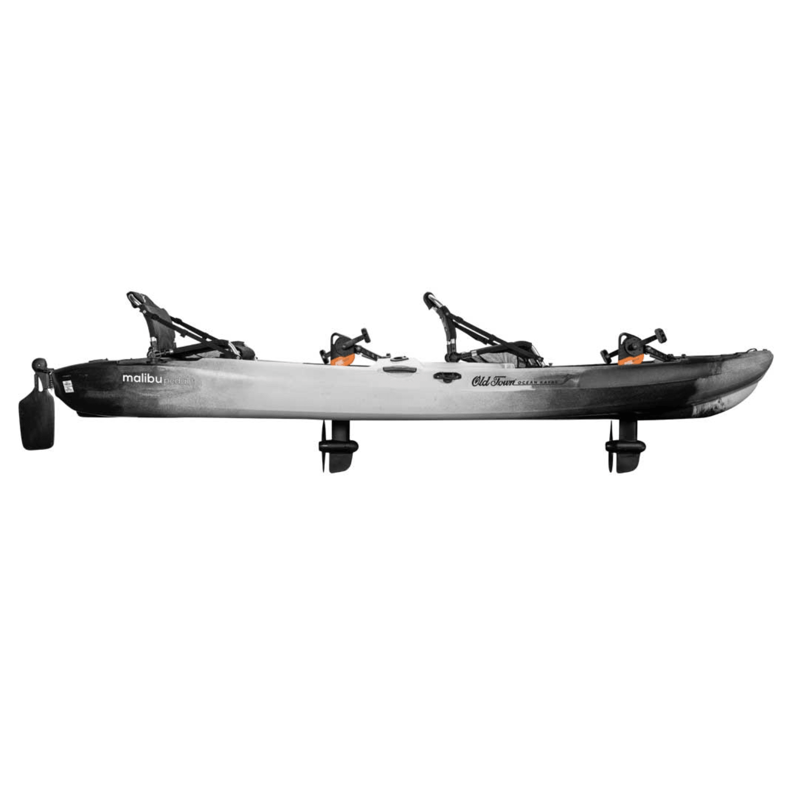 Meyer Old Town Ocean Malibu Pedal Tandem Sit-On-Top Kayak, 13ft 6in, in Cinder color, with seating and pedal system visible.