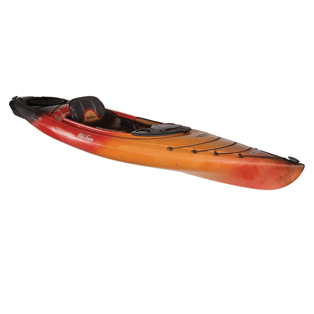 Orange Old Town Loon 120 kayak by Meyer, 12ft sit-inside recreational kayak on water with paddle, ideal for outdoor kayaking adventures.