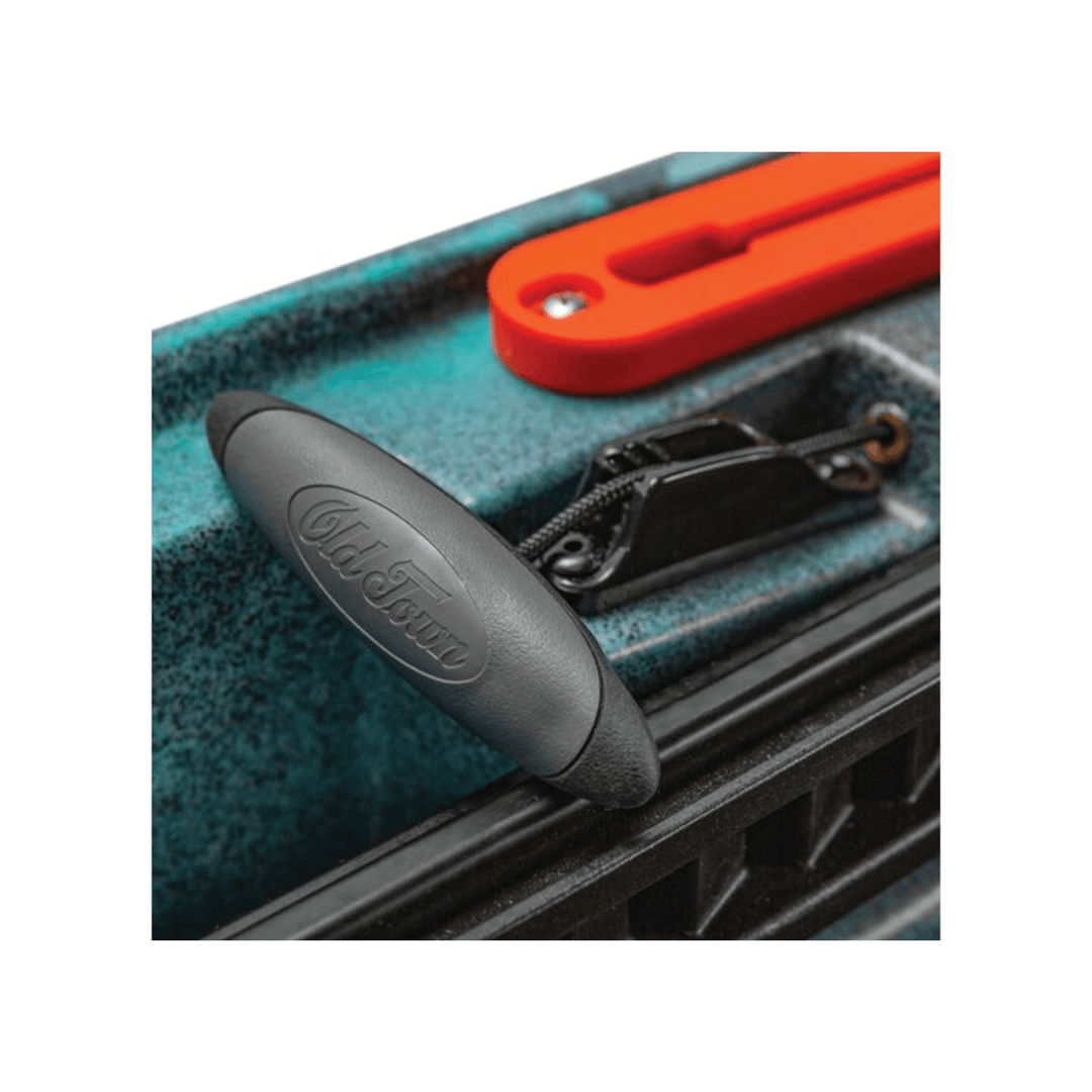 Meyer Old Town Sportsman AutoPilot 12 ft motorized sit-on-top Ember kayak on calm water with paddle and gear