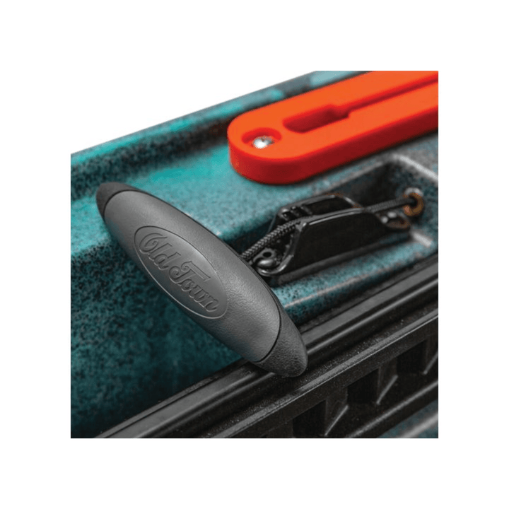 Meyer Old Town Sportsman AutoPilot 12 ft motorized sit-on-top Ember kayak on calm water with paddle and gear