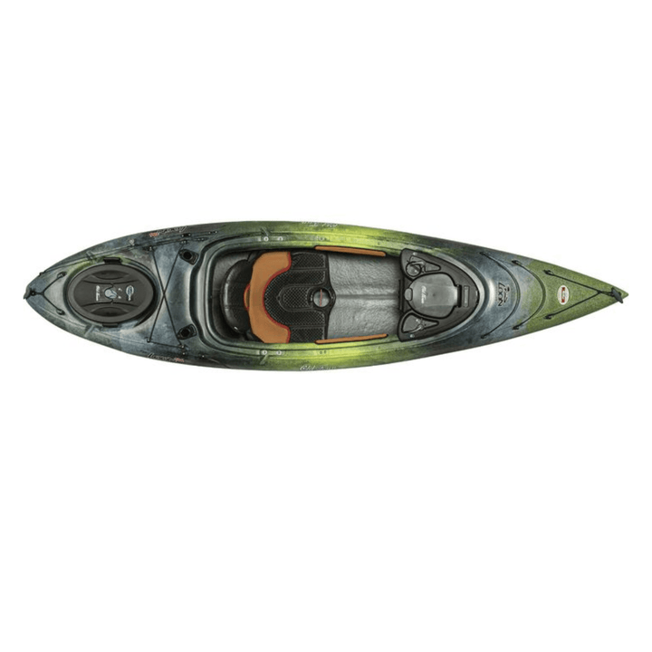 Meyer Old Town Loon 10 ft 6 in angler sit-inside paddle kayak on calm water with paddle inside, ideal for recreational fishing.