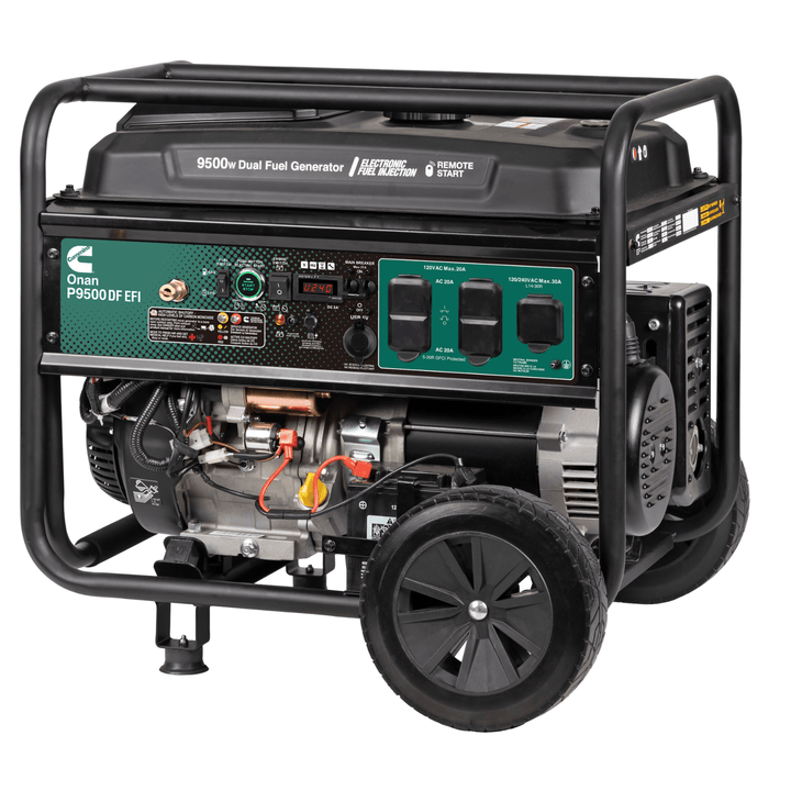 Meyer Cummins Onan 9500 Watt dual fuel portable generator with EFI for reliable power, shown with handle and control panel.