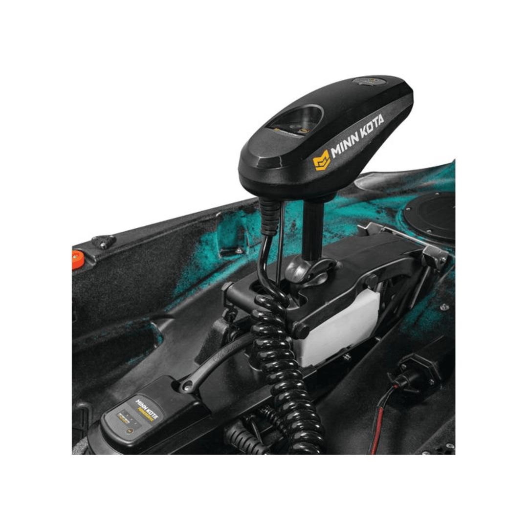 Meyer Old Town Sportsman AutoPilot 12 ft motorized sit-on-top Ember kayak floating on water with paddle and gear