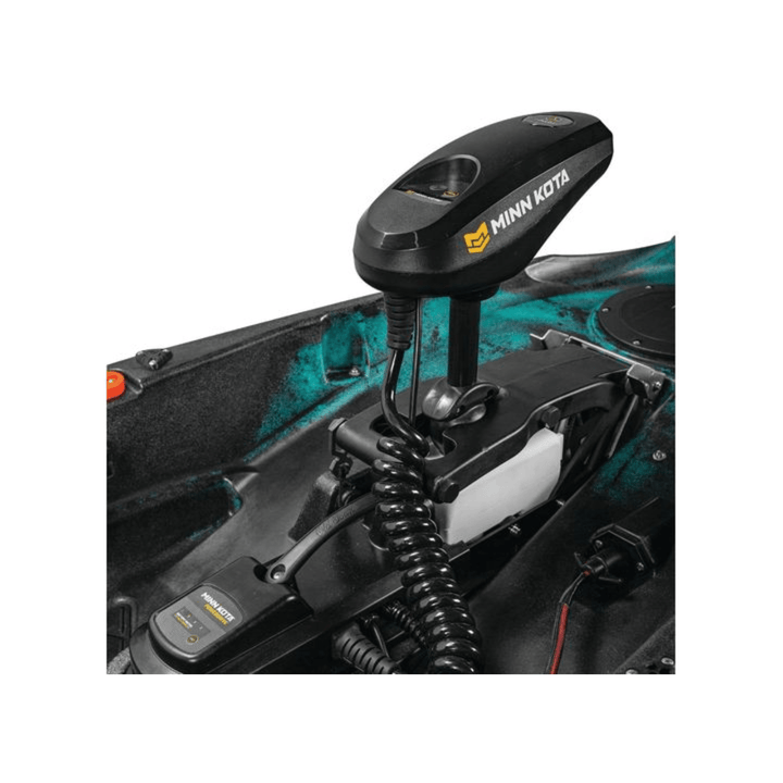 Meyer Old Town Sportsman AutoPilot 12 ft motorized sit-on-top Ember kayak floating on water with paddle and gear