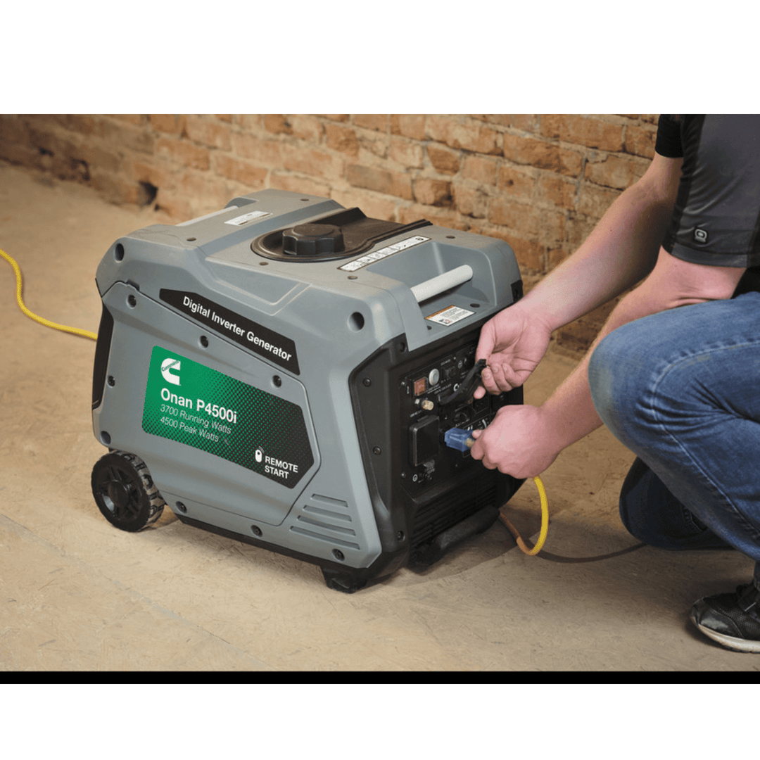 Meyer Cummins Onan 4500 Watt P4500I portable generator with remote start and quiet operation, shown with control panel and power outlet.