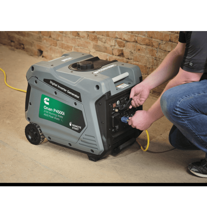 Meyer Cummins Onan 4500 Watt P4500I portable generator with remote start and quiet operation, shown with control panel and power outlet.