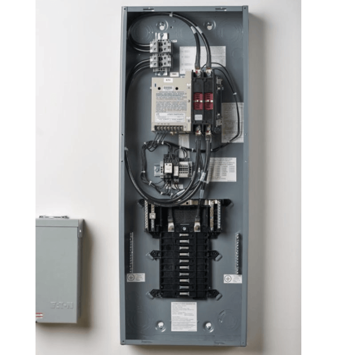 Meyer Cummins Onan 100 Amp RA Series transfer switch for generators, shown with circuit breaker and load center components.