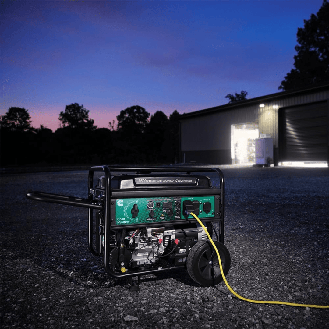 Meyer Cummins Onan 9500 Watt 49S dual fuel portable generator with remote start, shown with control panel and exhaust.