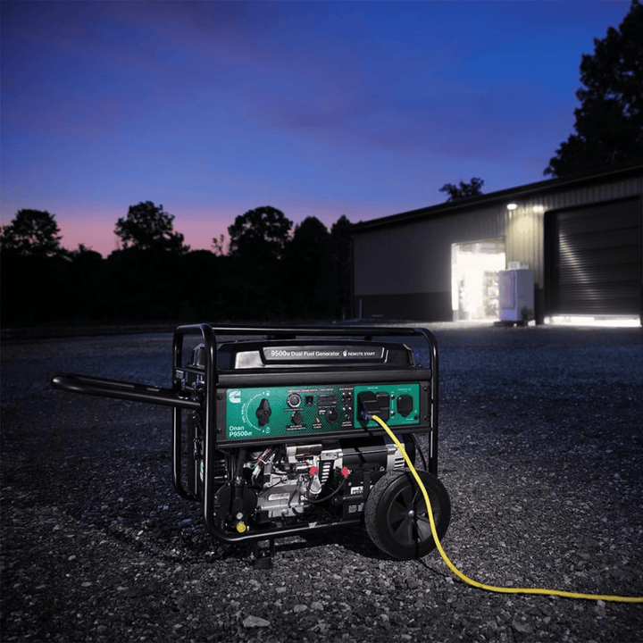 Meyer Cummins Onan 9500 Watt 49S dual fuel portable generator with remote start, shown with control panel and exhaust.