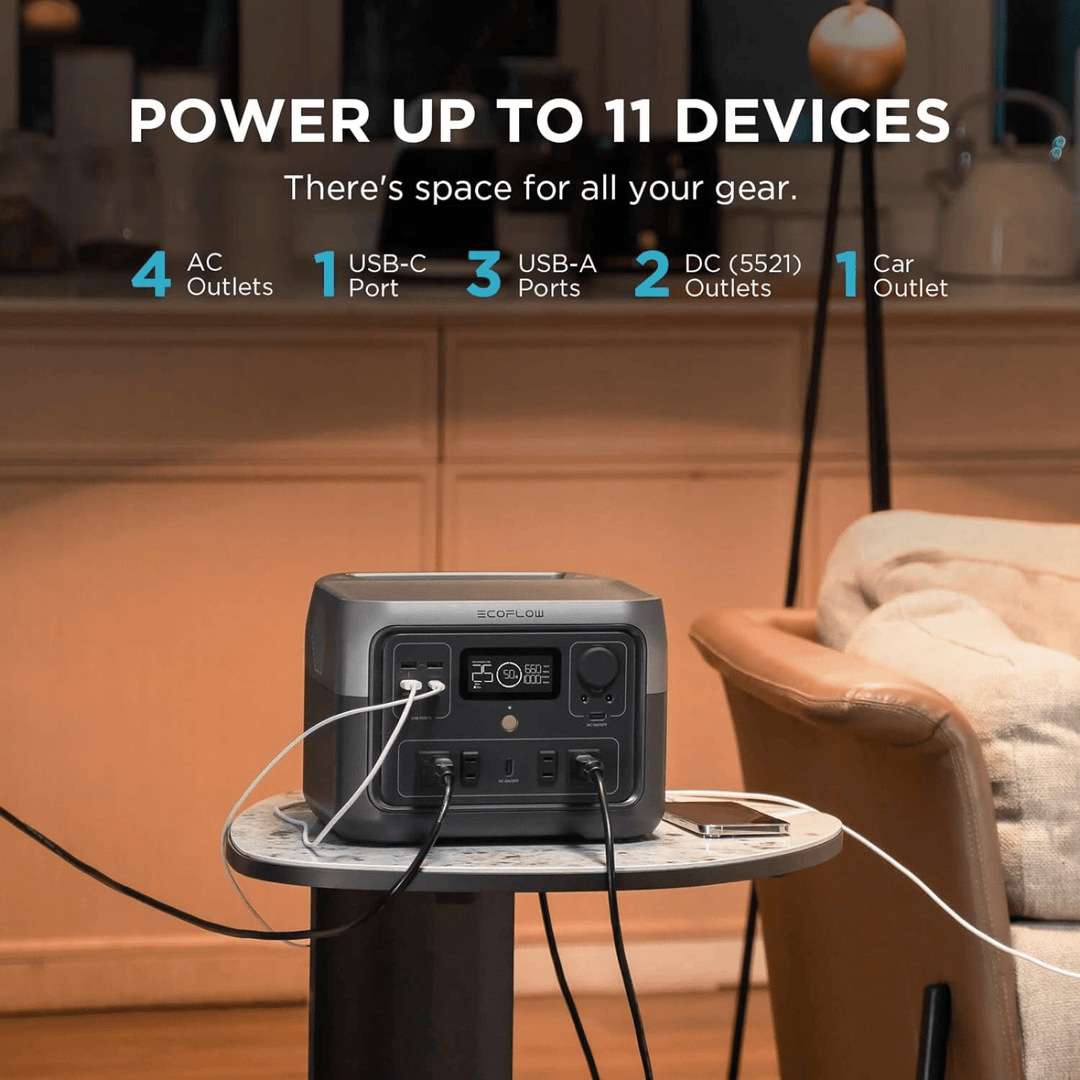EcoFlow RIVER 2 Max portable power station with multiple outlets, used for camping and outdoor backup power.