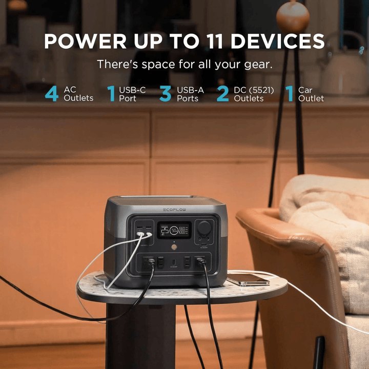 EcoFlow RIVER 2 Max portable power station with multiple outlets, used for camping and outdoor backup power.