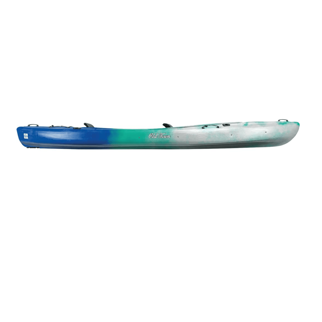 Meyer Old Town Twin Heron 13.5 ft recreational sit-in tandem kayak on water, showing its sleek design and seating arrangement.