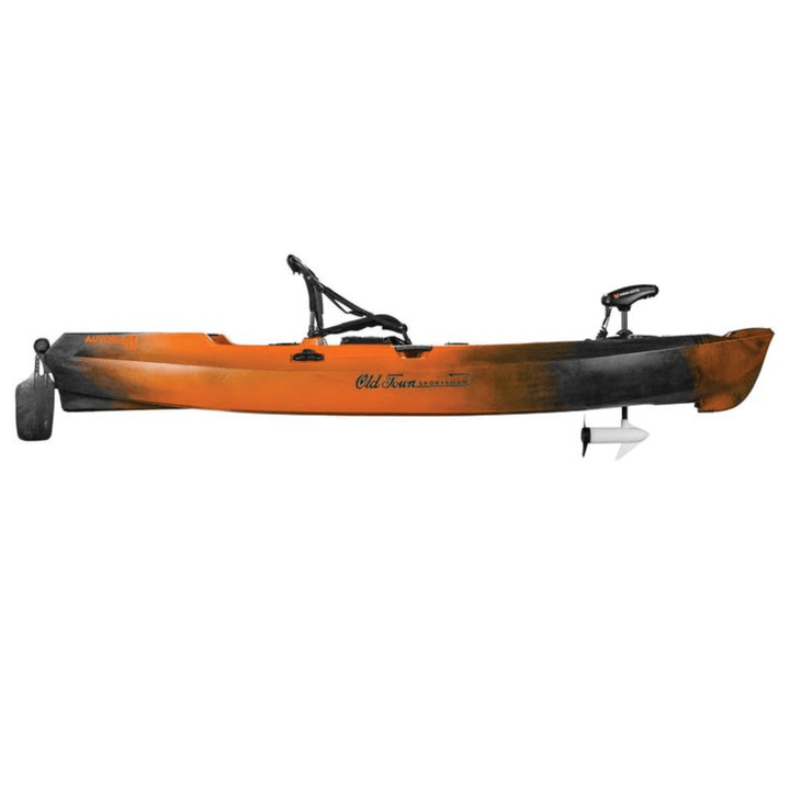 Meyer Old Town Sportsman AutoPilot 12 ft motorized sit-on-top Ember kayak floating on water with paddle and gear