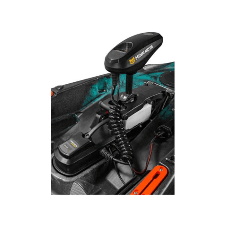 Meyer Old Town Sportsman AutoPilot 11 ft 4 in motorized steel camo sit-on-top kayak on water.