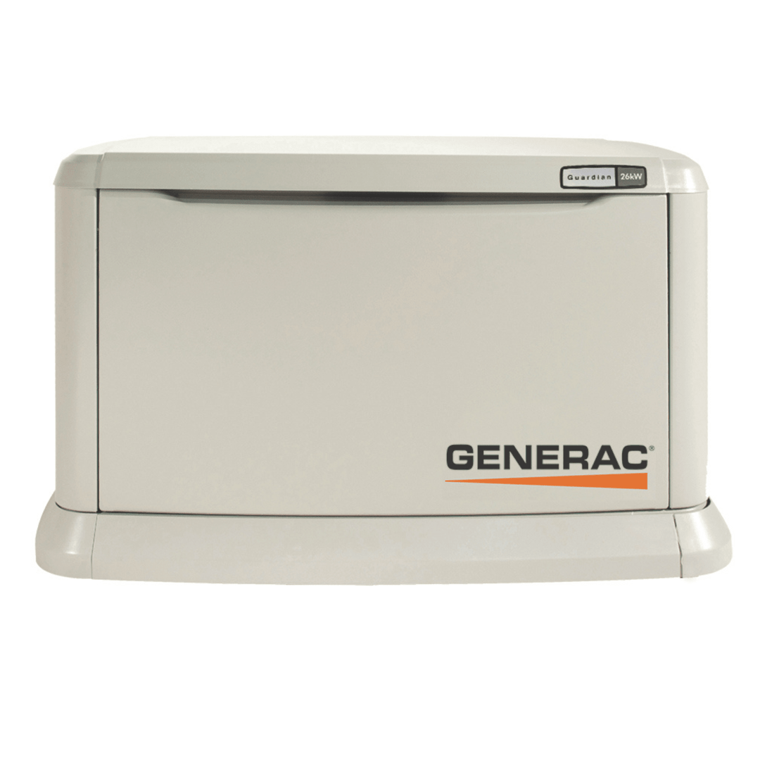 Meyer Generac Guardian 26kW standby generator with 200A transfer switch, installed outdoors with control panel and power connections.