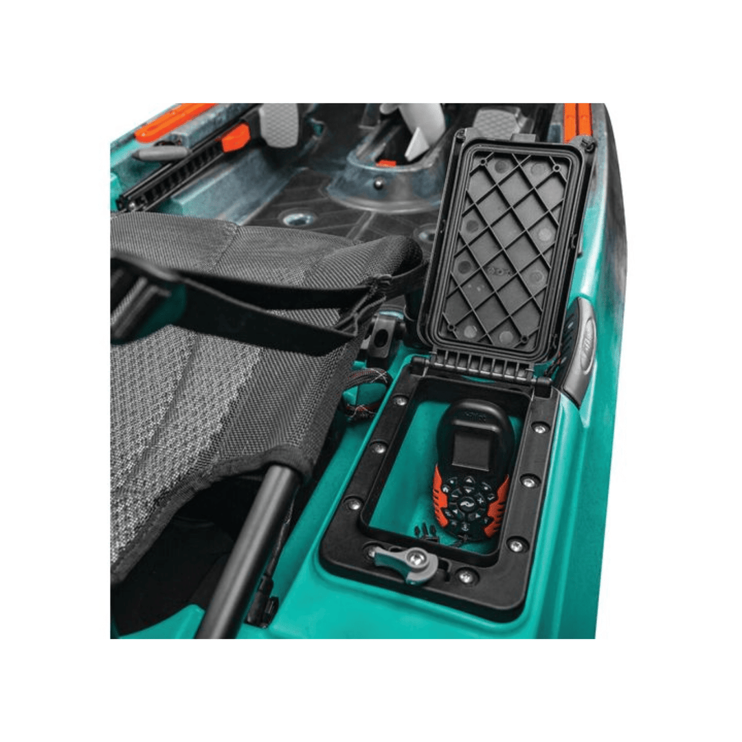 Meyer Old Town Sportsman AutoPilot 12 ft motorized sit-on-top Ember kayak on water with seating and paddle visible