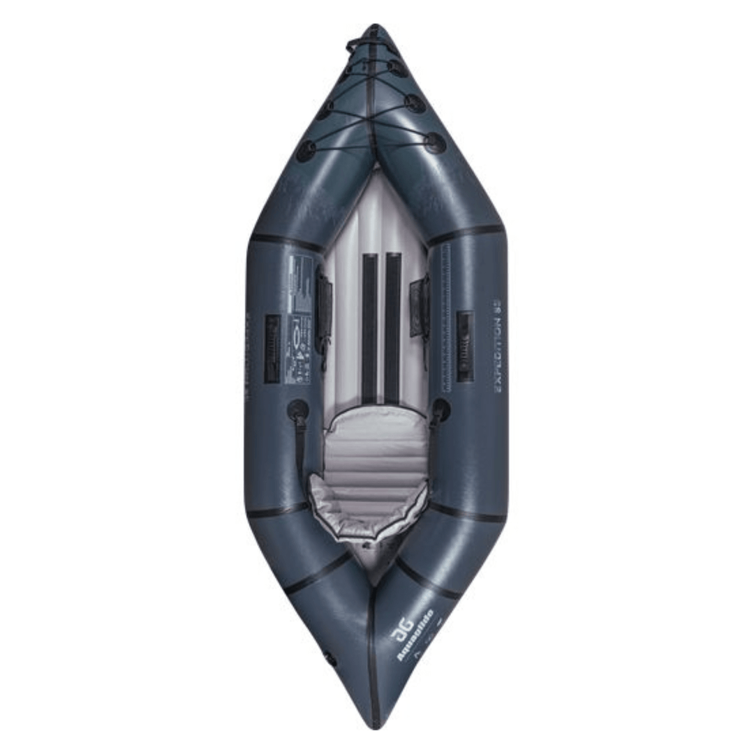 Meyer Aquaglide Backwoods Expedition 8 ft 5 in sit-inside inflatable kayak for one person, ideal for recreational paddling.
