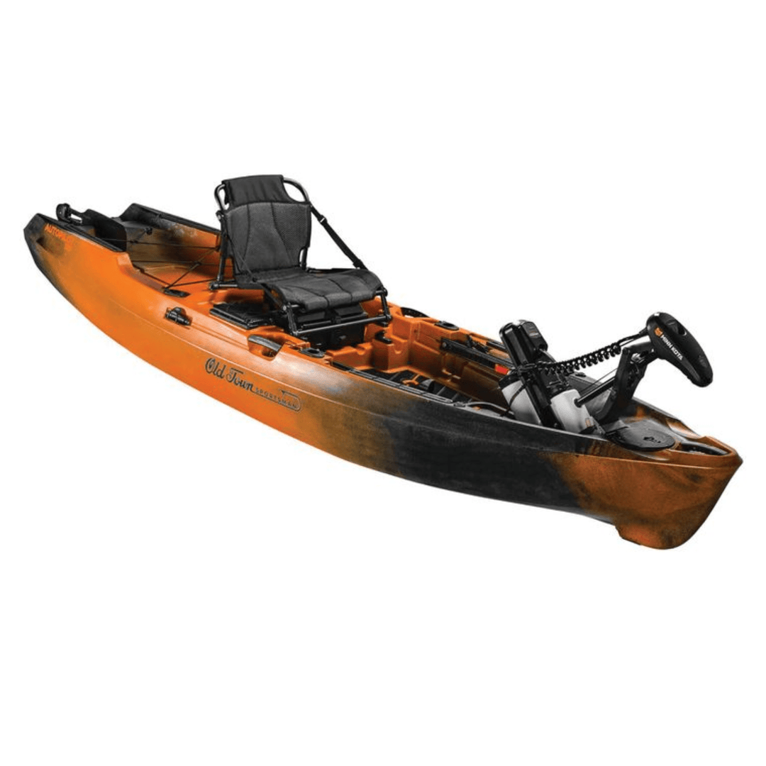Meyer Old Town Sportsman AutoPilot 12 ft motorized sit-on-top Ember kayak on calm water, showing its sleek design and control console