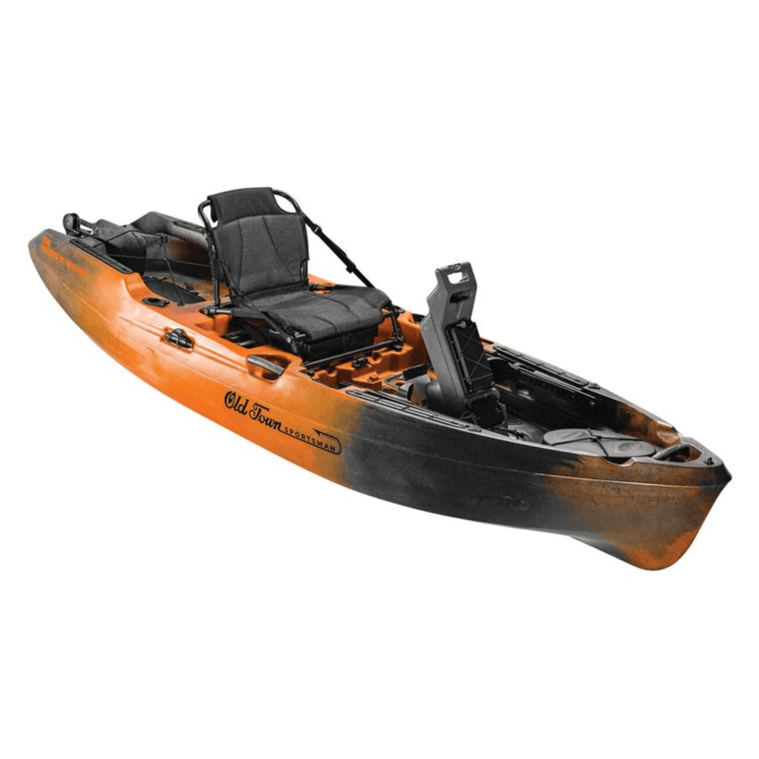 Old Town Sportsman 10 ft 6 in motorized kayak in ember camo with sit-on-top design, ideal for fishing and outdoor adventures.