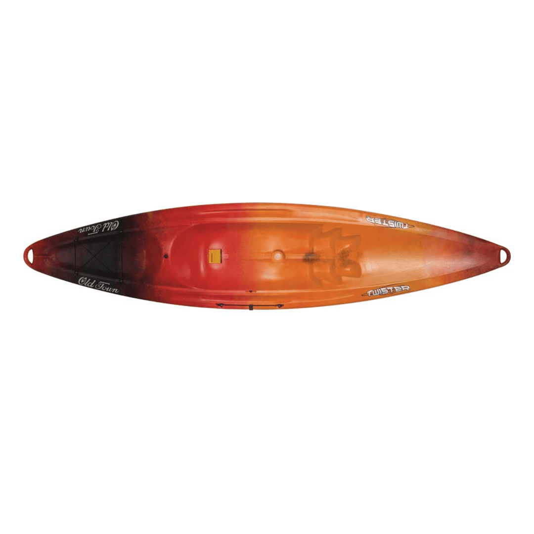 Old Town Twister sit-on-top recreational kayak in lava orange, 11 ft 3 in, designed for outdoor water adventures by Meyer.