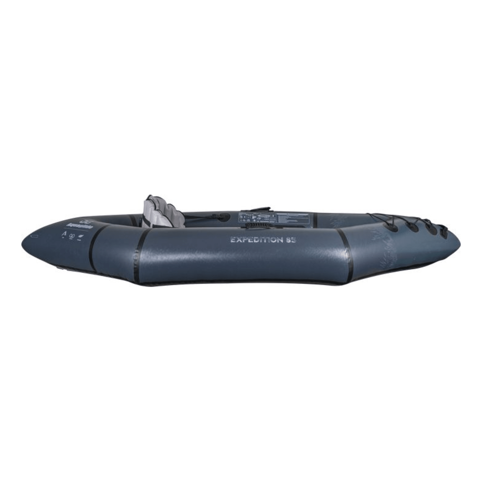 Meyer Aquaglide Backwoods Expedition 8 ft 5 in sit-inside inflatable kayak for one person, shown on calm water.