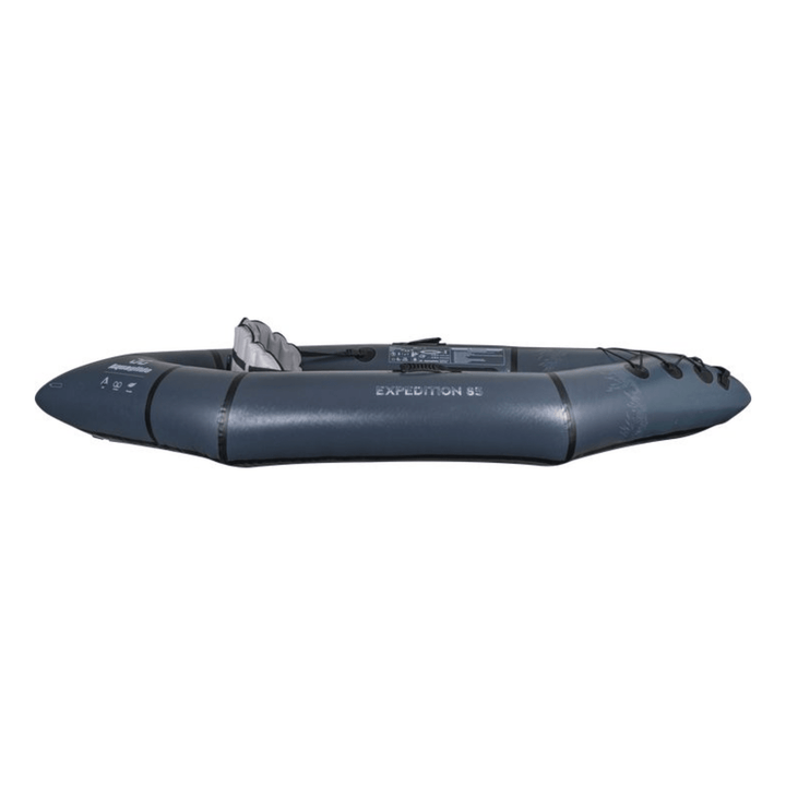 Meyer Aquaglide Backwoods Expedition 8 ft 5 in sit-inside inflatable kayak for one person, shown on calm water.