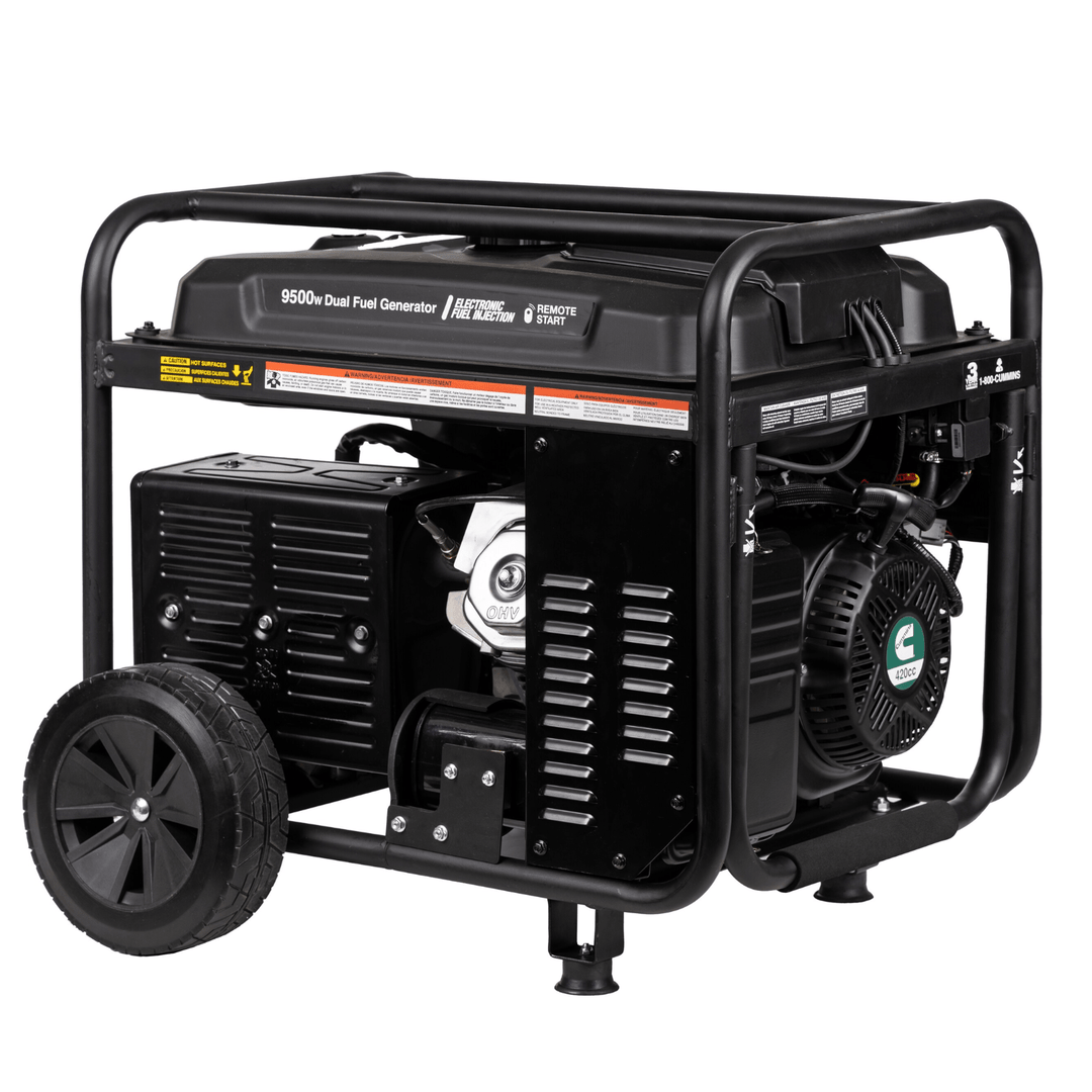 Meyer Cummins Onan 9500 Watt dual fuel portable generator with EFI system, featuring a sturdy metal frame and control panel.