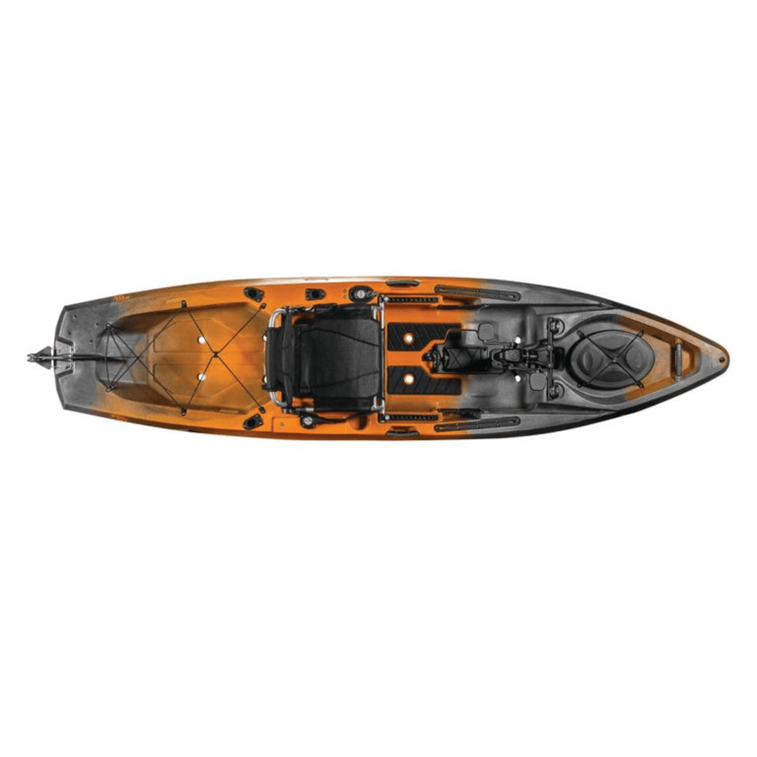 Meyer Old Town Sportsman PDL 120 pedal fishing kayak in ember camo, 12 ft sit-on-top design with paddle accessories.