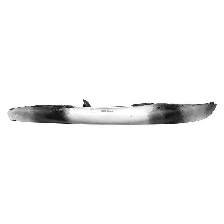 Meyer Old Town Loon 12 ft 6 in black sit-inside recreational kayak on water with paddle, designed for outdoor boating.