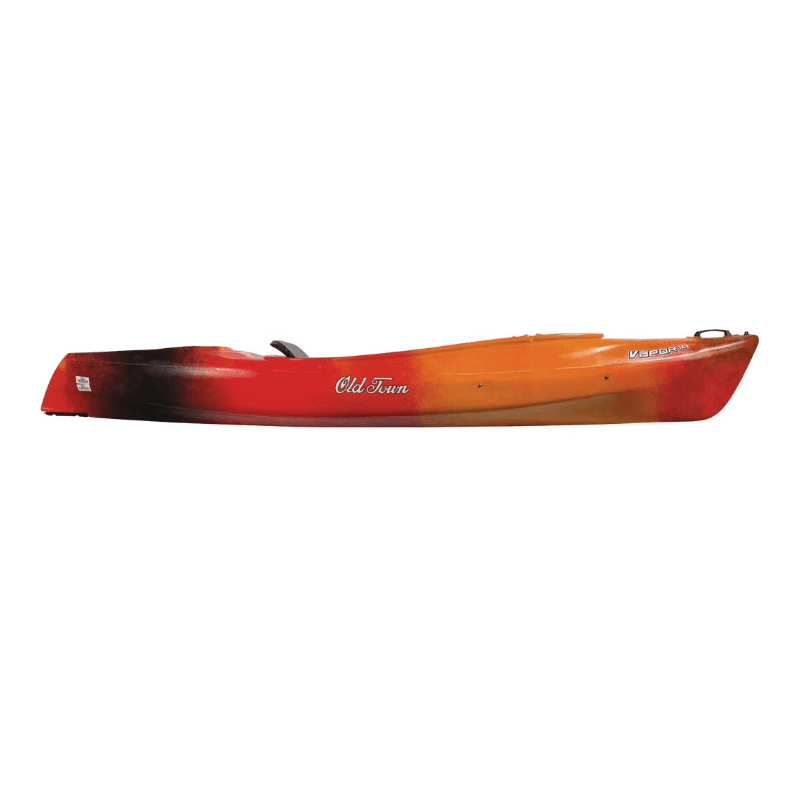 Meyer Old Town Vapor 10 ft orange sit inside recreational kayak with paddle, designed for casual water recreation.