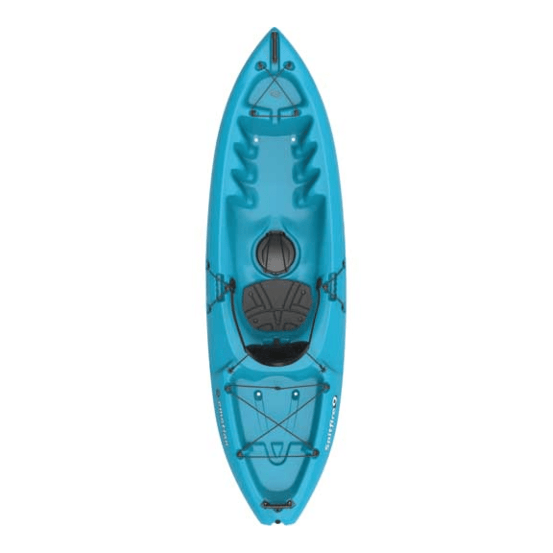 Meyer Lifetime Emotion Spitfire 9 ft blue sit-on-top kayak with HDPE hull, designed for durable waterfowl paddling adventures