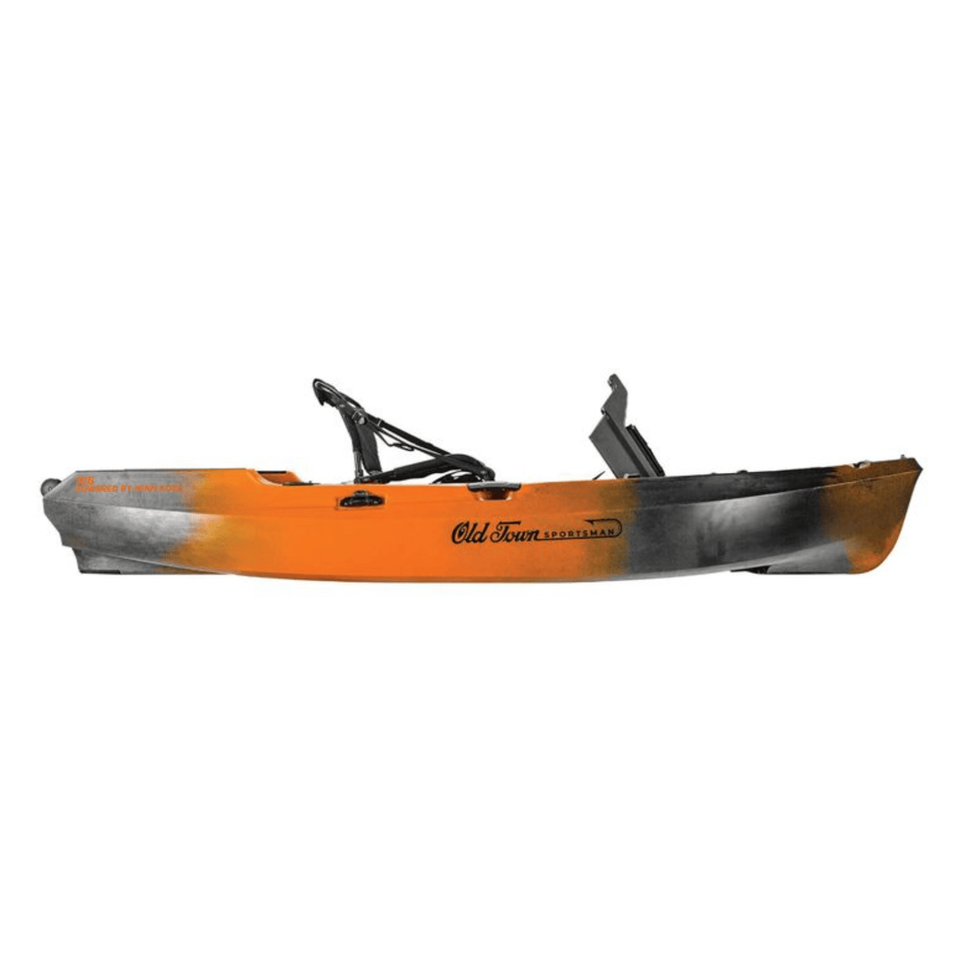 Meyer Old Town Sportsman 10 ft 6 in motorized kayak in ember camo, sit-on-top design with fishing features, shown on water.