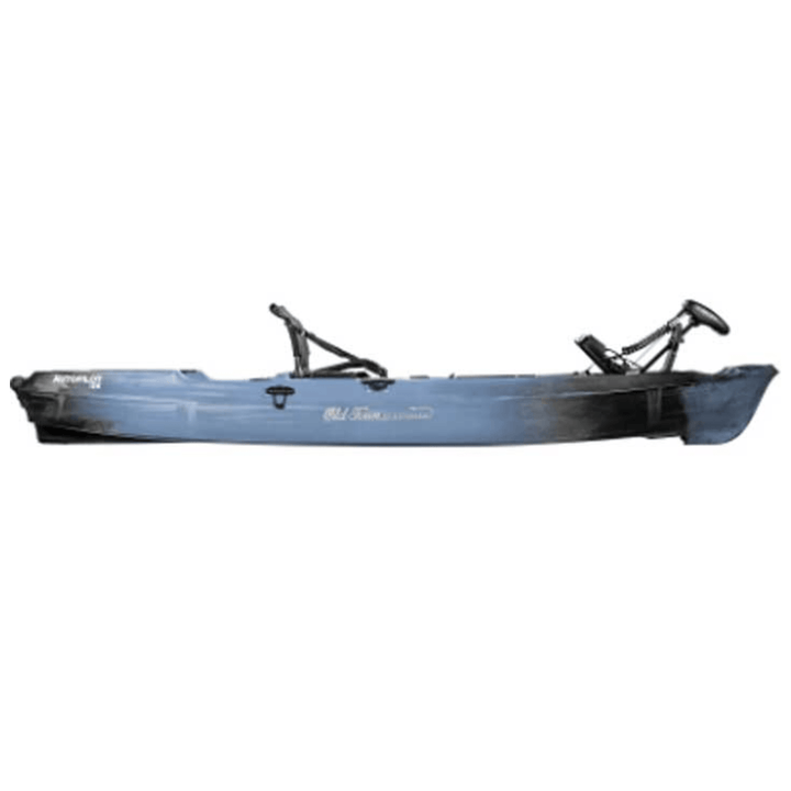 Meyer Old Town Sportsman AutoPilot 11 ft 4 in motorized kayak in steel camo with sit-on-top design on calm water.