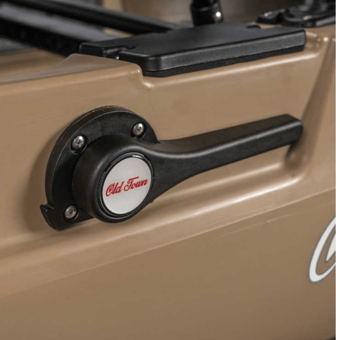 Meyer Old Town Sportsman PDL 120 Pro sit-on-top fishing kayak with tan finish, 12ft length, pedal drive, suitable for anglers.